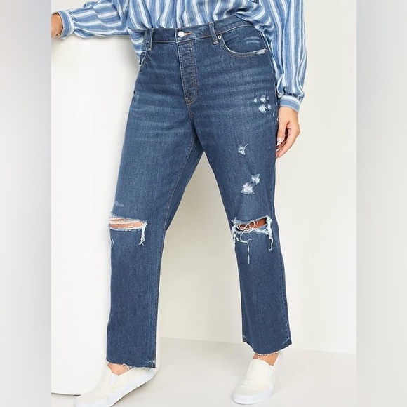 Old Navy Denim - OLD NAVY High Rise Slouchy Straight Secret Slim Pocket Distressed Raw Hem Jean